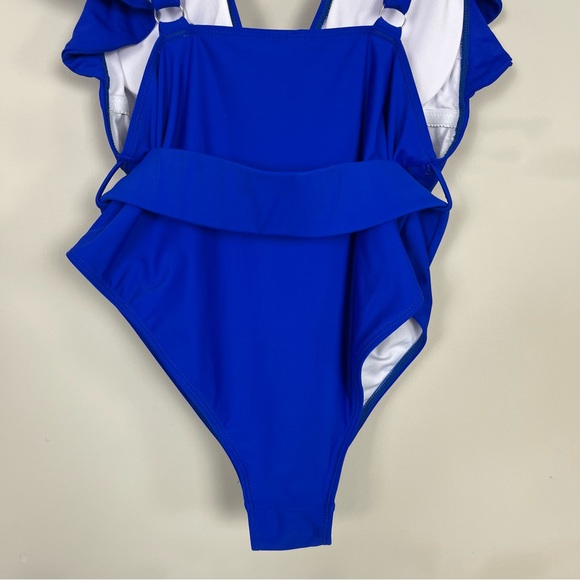 ONE PIECE SWIMSUIT PLUNGE V RUFFLE NECKLINE WITH BELT COBALT BLUE SIZE XL - Picture 10 of 15